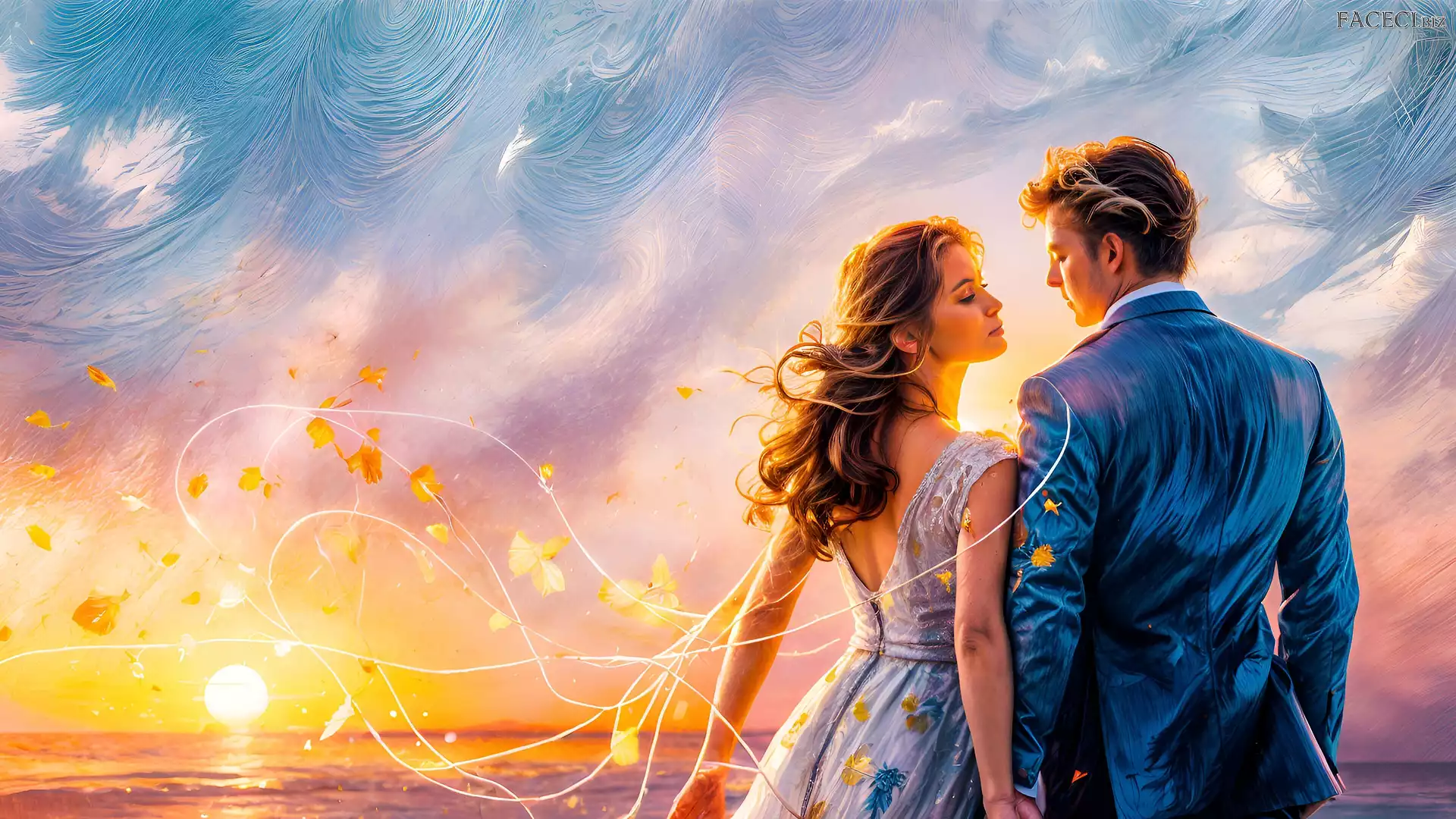 Zachód słońca, Morze, Grafika, Kobieta, Mężczyzna