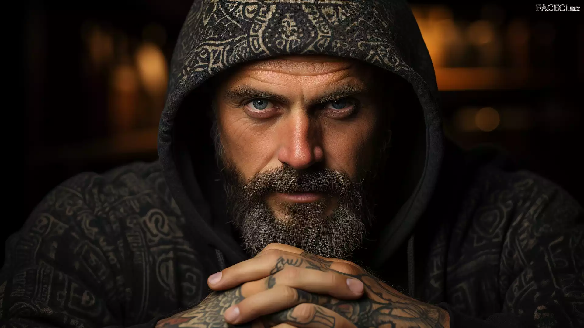 Dłonie, Kaptur, Tatuaż, Mężczyzna, Zarost